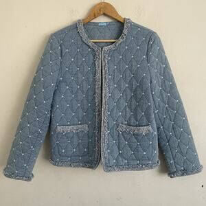 McLaughlin Helene Blue Quilted Diamond Stitch Jacket with Fringe M Classy